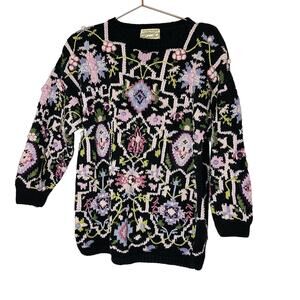Vintage Hunters Run Hand Knit Black Pink Floral Pom Pom Detail Sweater Size L